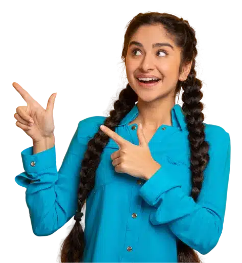 An excited woman points in one direction. 